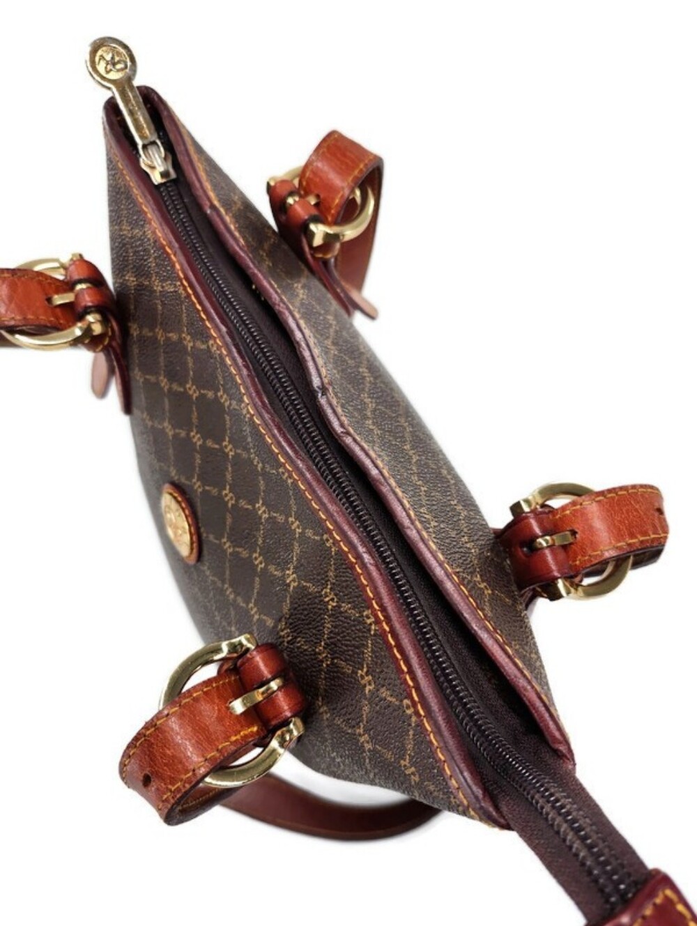 Rioni Brown Coated Canvas Gold Monogram Pattern & Leather Shoulder Bucket Bag - Picture 9 of 14